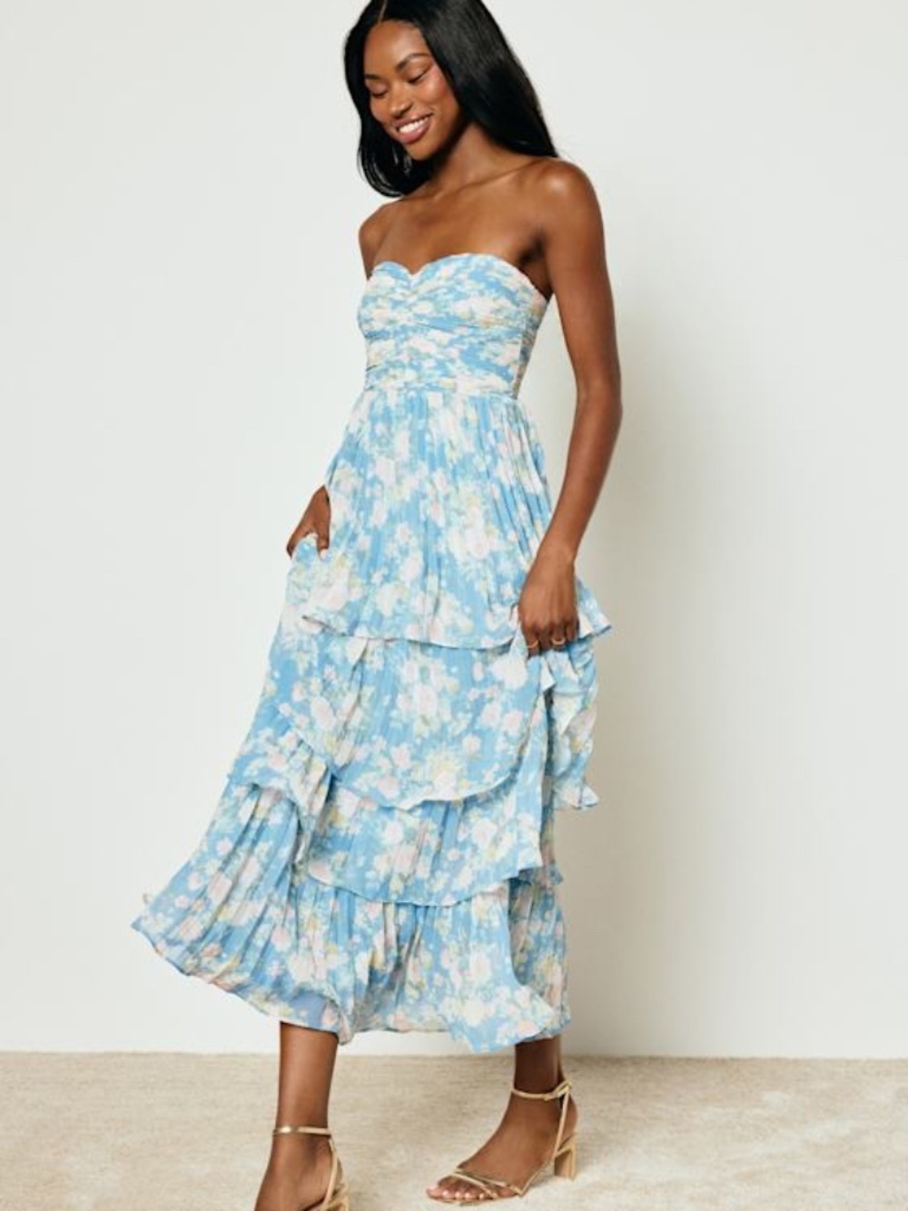 Lulus Seriously Sensational Blue Floral Strapless Tiered Maxi Dress - Size 1X